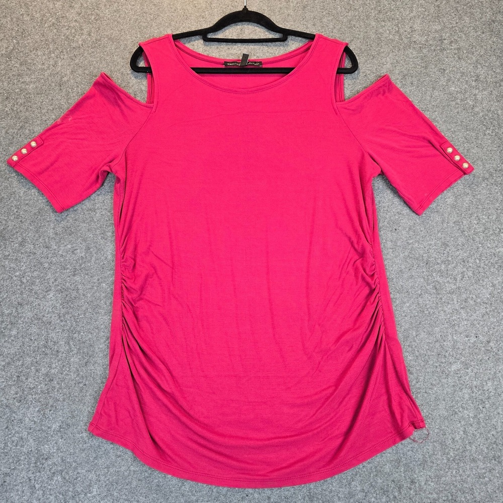 White House Black Market Maternity Top Womens XL Pink Side Ruched Cold Shoulder